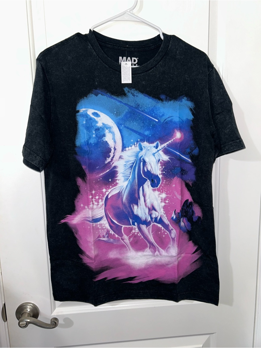 MAD Engine Black Short-Sleeve Tee with Blue & Pink Unicorn Graphic